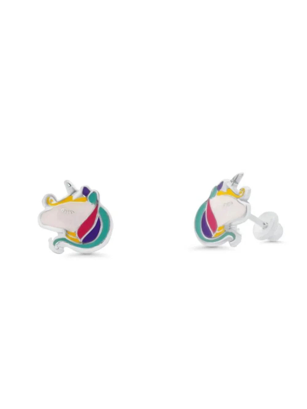 Sterling Silver 925 High Polished Colored Enamel Unicorn Head Screw Stud Earring